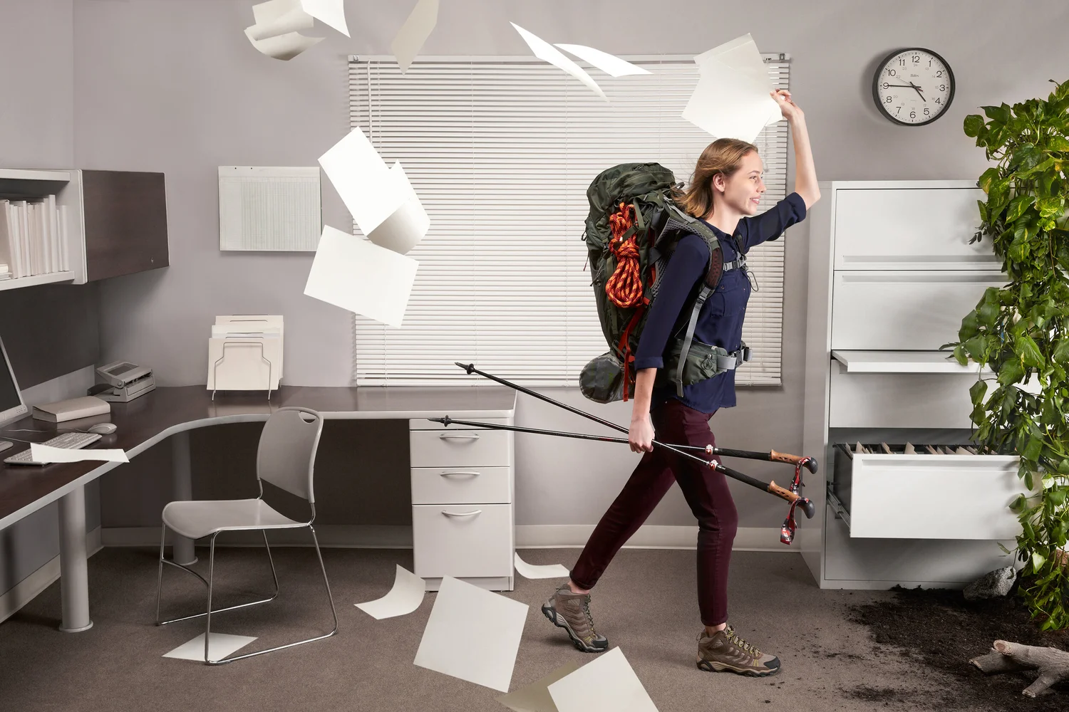 Backpacker leaving the office