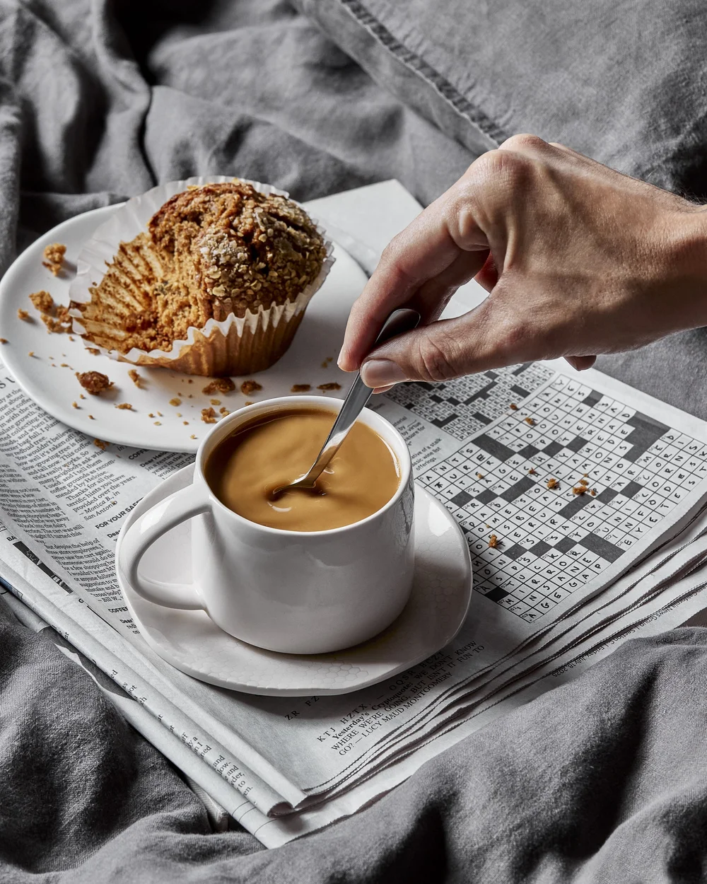 Coffee, muffin, and crossword
